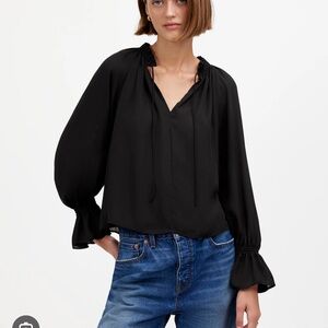 Madewell Black Peasant Blouse with Tie Neck